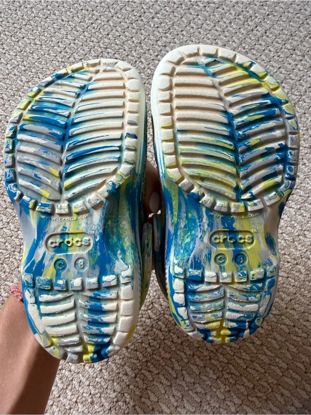 CROCS Kids Marble White Blue Yellow Slip-On Clogs